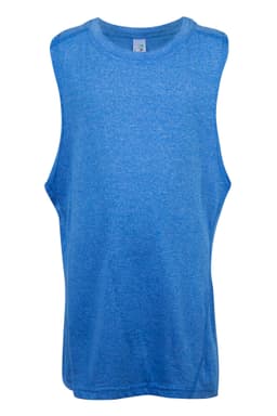 A blue sleeveless tank top with a logo, designed for kids. Features a soft, lightweight fabric.