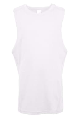 A sleeveless tank top in white, featuring a simple design and a logo. Suitable for kids.