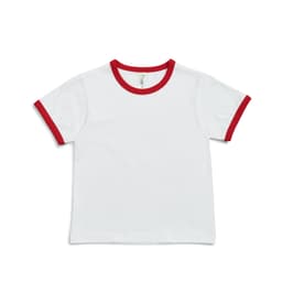 A white kids' T-shirt featuring red ringer detailing and short sleeves. It has a brand logo on the label.