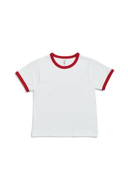 A white kids' ringer tee with red trim along the collar and sleeves. It features a logo on the label.
