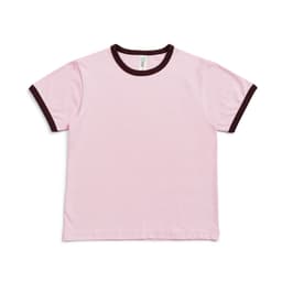 A pink kids' ringer tee with brown trim around the neck and sleeves. It features a logo on the label.