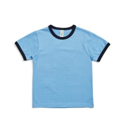 A light blue kids' ringer tee with navy blue trim around the collar and sleeves. It has a label inside.