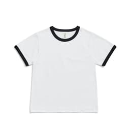 A white kids' ringer tee with black trim around the neckline and sleeves. The tee has a logo on the inside tag.