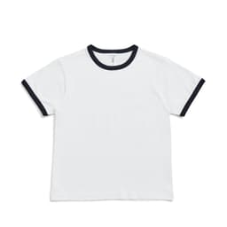 A white kids' T-shirt featuring navy blue ringer sleeves and neck trim, with a logo on the inside label.