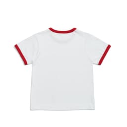 A white kids' ringer tee with red trim on the neckline and sleeves, featuring a logo on the back.