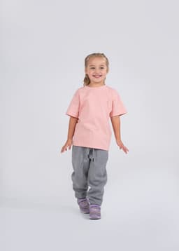A teal kids' T-shirt with short sleeves and a round neckline, featuring a label inside.
