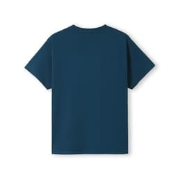 A teal kids' t-shirt featuring short sleeves and a plain back. It includes a logo on the label area.