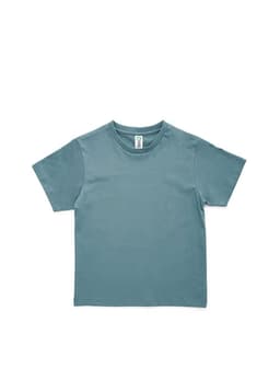 A teal kids' T-shirt with short sleeves, featuring a simple design and a label inside.