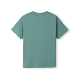 A teal kid's T-shirt with short sleeves and a plain back. The shirt features a logo.