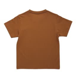A brown kids' T-shirt with short sleeves and a plain back, featuring a simple design.