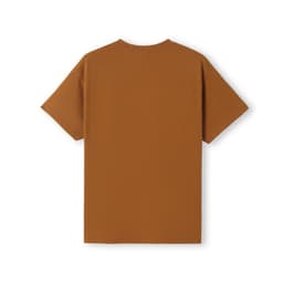 A brown kids' t-shirt with short sleeves and a simple design, featuring a logo on the back.
