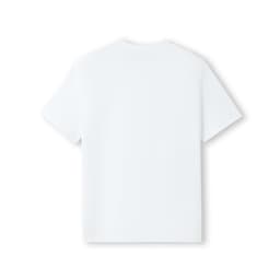 A plain white kids' t-shirt with short sleeves and a simple design, featuring a logo on the back.