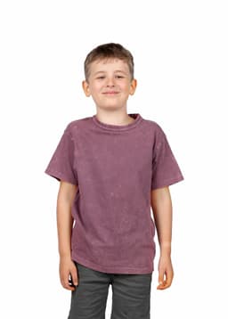 A kid's stone wash T-shirt in a muted purple colour, featuring a casual fit and short sleeves.