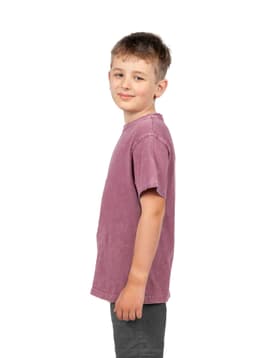 A kid's stone wash t-shirt in a muted mauve colour, featuring a relaxed fit and short sleeves.