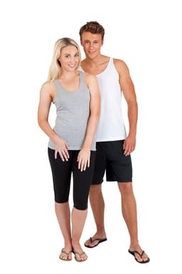 A grey women's singlet paired with black leggings, alongside a white men's singlet with black shorts. Both models are smiling.