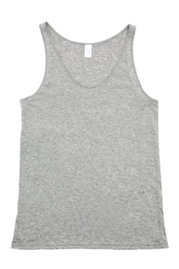 A grey men's American style singlet featuring a scoop neck and no sleeves. Includes a branded label.