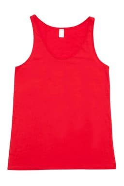 A red men's singlet featuring a simple design and a tag on the inside.