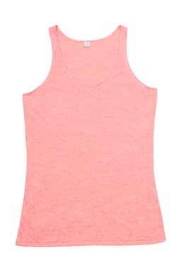 A pink women's singlet featuring a scoop neckline and a fitted design, with a brand logo visible.
