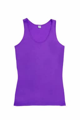 A purple women's singlet with a sleeveless design and a rounded neckline, featuring a logo.