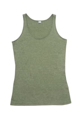 An olive green women's singlet with a fitted design and a rounded neckline, featuring a brand logo.