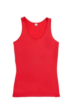 A red women's singlet featuring a scoop neck and a fitted design, with an attached logo.