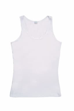 A white women's singlet featuring a classic sleeveless design and a logo on the label.