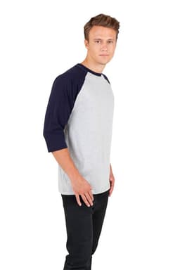 A light grey and navy blue unisex 3/4 sleeve raglan T-shirt displayed on a male model standing sideways.