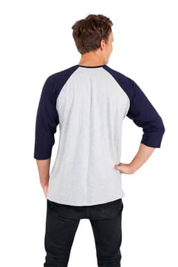 A grey and navy 3/4 sleeve raglan T-shirt displayed from the back, featuring a logo.