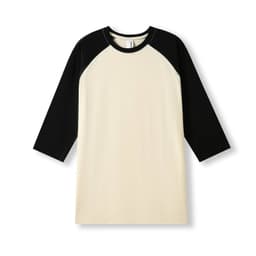 A men's/unisex 3/4 sleeve raglan T-shirt featuring a cream body with black sleeves and a logo.