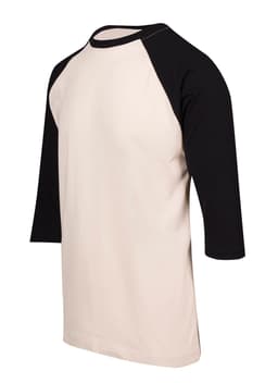 A men's/unisex 3/4 sleeve raglan T-shirt in cream and black with a logo.