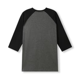 A black and grey men's/unisex 3/4 sleeve raglan T-shirt with a simple design and a logo on the back.