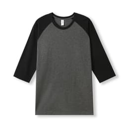 A grey and black 3/4 sleeve raglan T-shirt featuring a logo. Suitable for men and unisex wear.