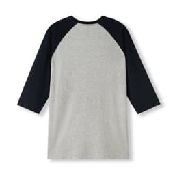 A 3/4 sleeve raglan T-shirt in grey with navy sleeves, featuring a logo on the back.