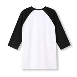 A unisex 3/4 sleeve raglan t-shirt featuring black sleeves and a white body, designed with a logo.