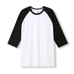 A unisex 3/4 sleeve raglan T-shirt featuring a white body and black sleeves, with a logo present.