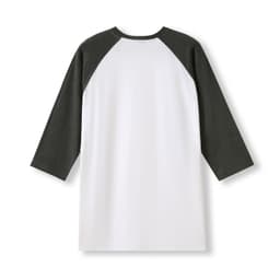A white and grey unisex 3/4 sleeve raglan T-shirt with a plain design and logo on the back.