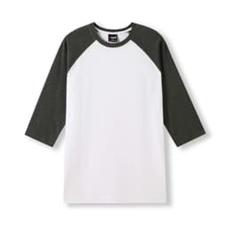 A white and dark grey 3/4 sleeve raglan T-shirt featuring a raglan design and a brand logo.