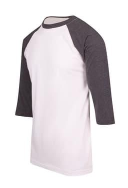 Men's/unisex 3/4 sleeve raglan T-shirt in white with grey sleeves, featuring a logo on the chest area.