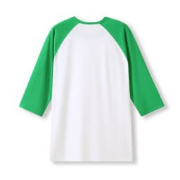A 3/4 sleeve raglan T-shirt featuring a white body and green sleeves. The shirt has a logo on the back.