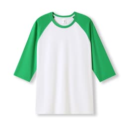 Men's/unisex 3/4 sleeve raglan T-shirt with white body and green sleeves. Features a logo on the front.