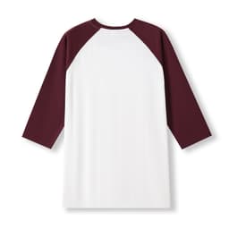 A maroon and white unisex 3/4 sleeve raglan T-shirt featuring a logo on the back.