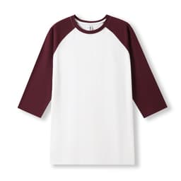 A white 3/4 sleeve raglan T-shirt with maroon sleeves, featuring a logo on the collar.