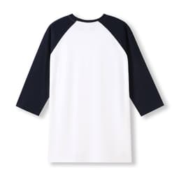 A unisex 3/4 sleeve raglan t-shirt featuring white fabric with navy blue sleeves and a logo.