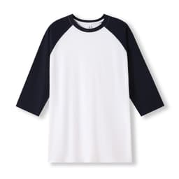 Men's/unisex 3/4 sleeve raglan T-shirt featuring white body and navy blue sleeves. Includes a logo.