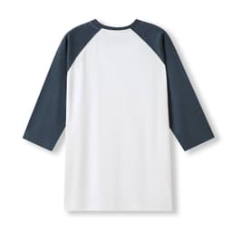 A unisex 3/4 sleeve raglan T-shirt featuring a white body and navy blue sleeves, with a logo on the back.