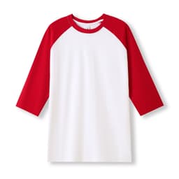 A men's/unisex 3/4 sleeve raglan T-shirt in white with red sleeves. Features a simple design and includes a logo.