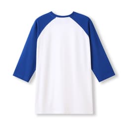 A unisex 3/4 sleeve raglan T-shirt featuring white fabric with blue sleeves and a logo on the back.