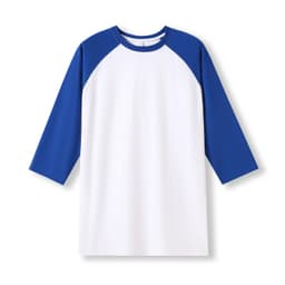 A white 3/4 sleeve raglan T-shirt with blue sleeves and a logo on the chest.