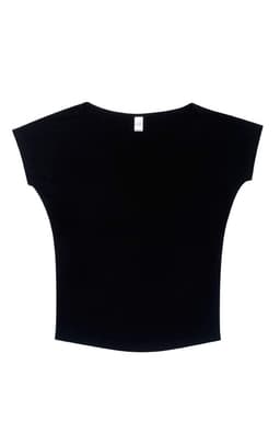 A black bat wing T-shirt with a wide neckline and short sleeves, featuring a logo.