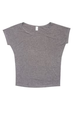 A grey women's bat wing T-shirt with a wide neckline and short cap sleeves. It has a logo on the label.